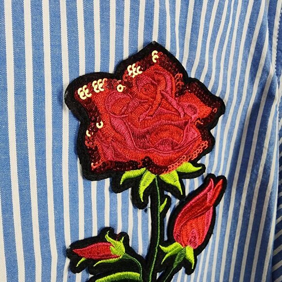 Jeans by Buffalo Striped Floral Button-Down Shirt Blue Red Size Large - Picture 6 of 9